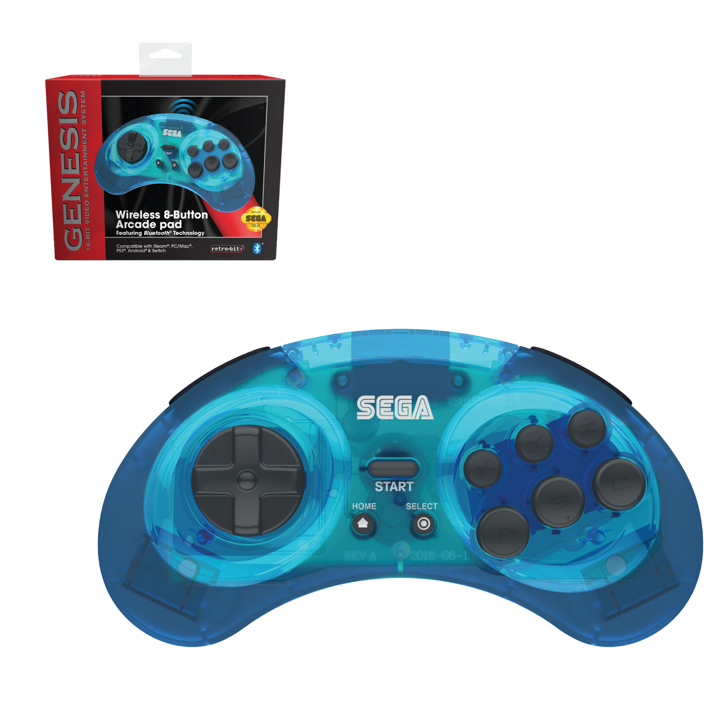 SEGA Genesis 8-Button Arcade Pad ft. Bluetooth Technology - Clear Blue - CastleMania Games