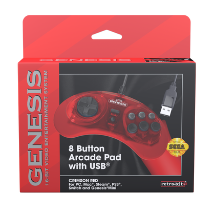 SEGA Genesis 8-Button USB Arcade Pad - Crimson Red - CastleMania Games