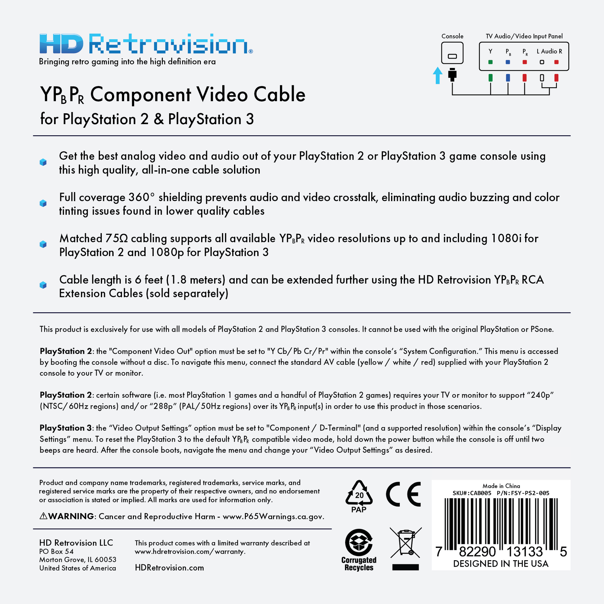 HD Retrovision PS2 PS3 Premium YPbPr Component Video Cable - CastleMania Games