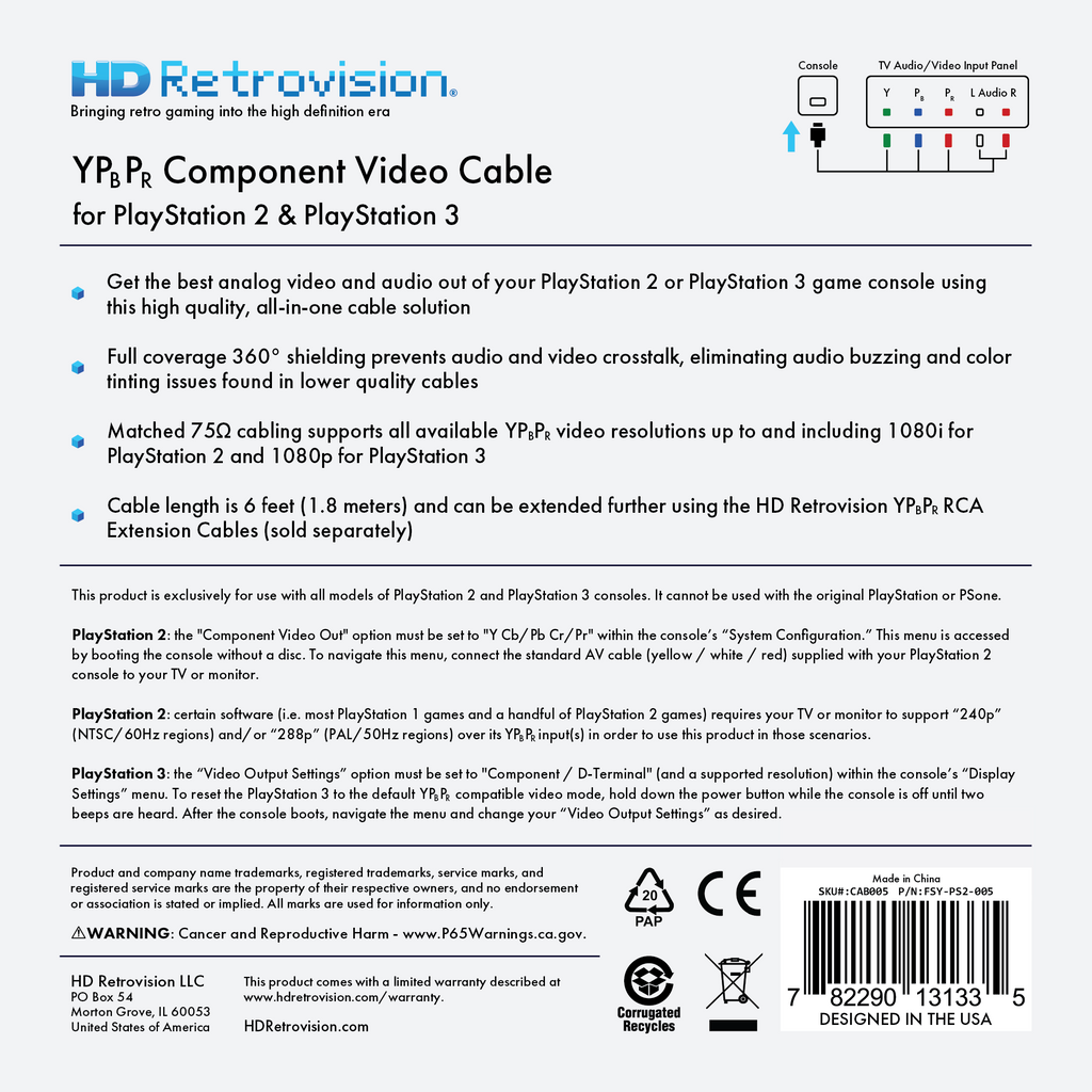 HD Retrovision PS2 PS3 Premium YPbPr Component Video Cable - CastleMania Games